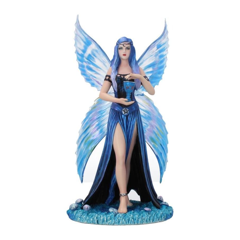 Blue-haired fairy figurine with rainbow wings holding a blue goblet in a ring of mushrooms