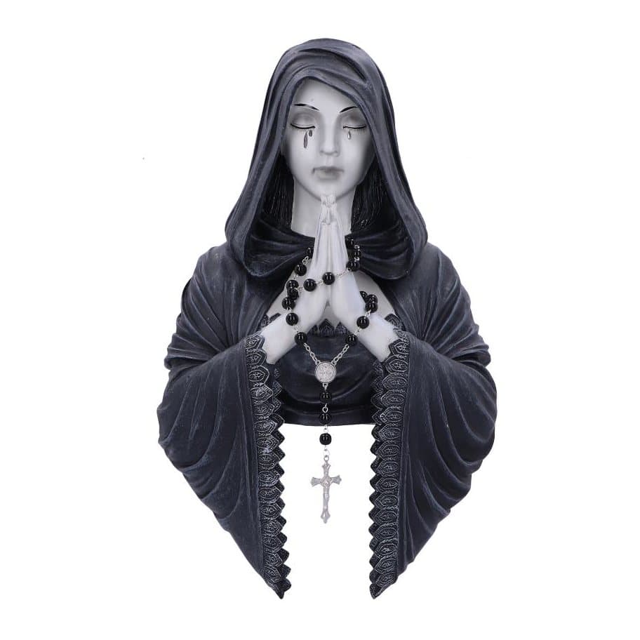 Gothic prayer wall plaque: woman in a black cowl, hands clasped with rosary beads
