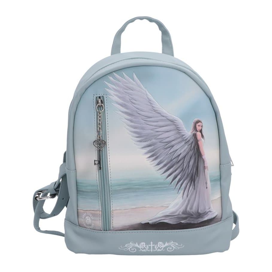 Light blue backpack with Anne Stokes angel on a beach artwork