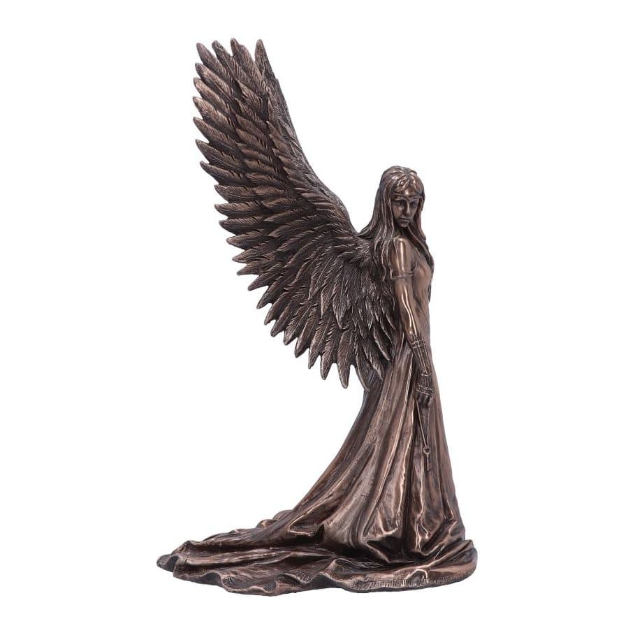 Bronze-finish angel figurine with outstretched wings holding a key on a chain