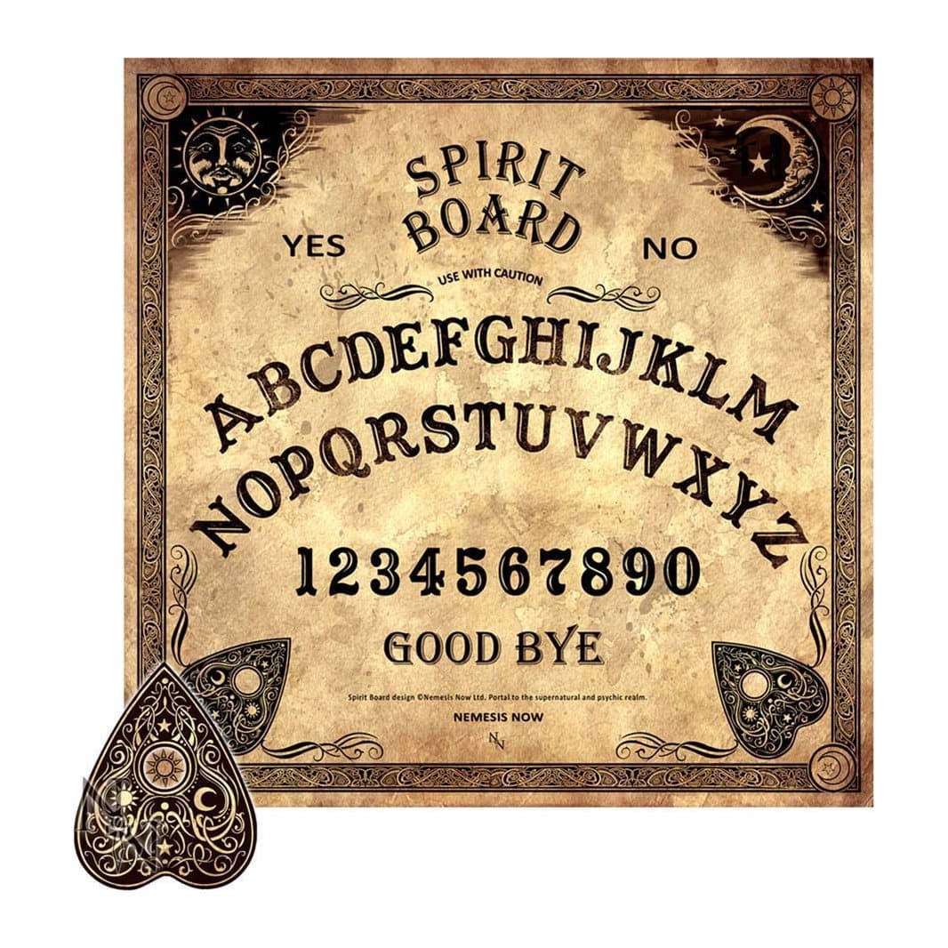 Sepia spirit board with baroque border, alphabet arc and planchette