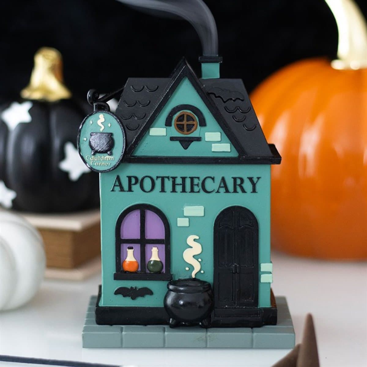Resin apothecary shop incense cone holder with eerie Halloween details
