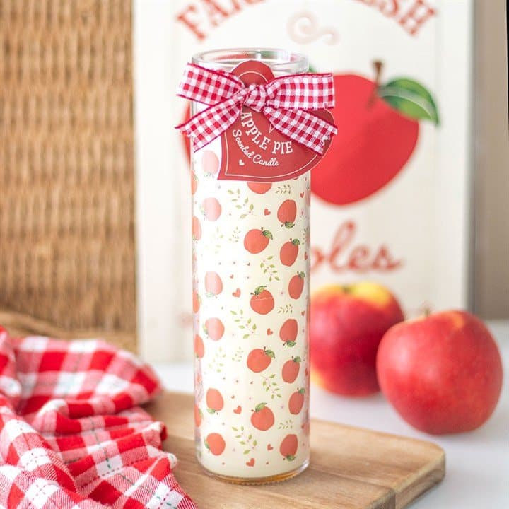 Printed apple pie scented tube candle with a hang tag