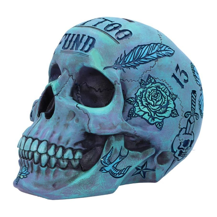 Pearlescent blue skull money box painted with blue tattoo designs
