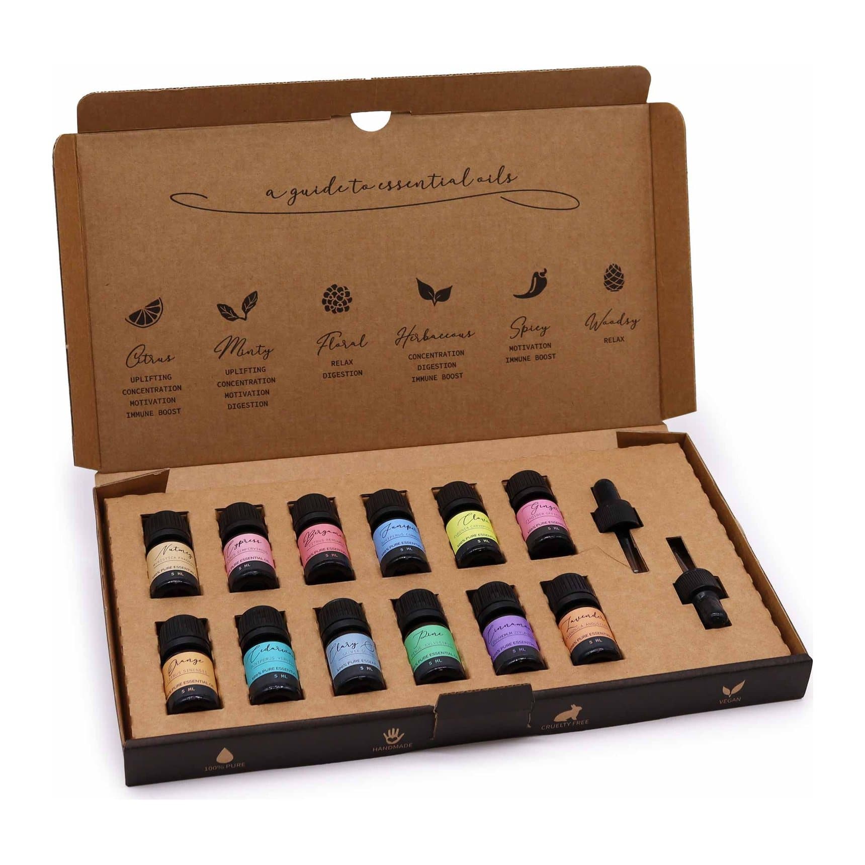 Autumn essential oil gift set with twelve small bottles and two droppers