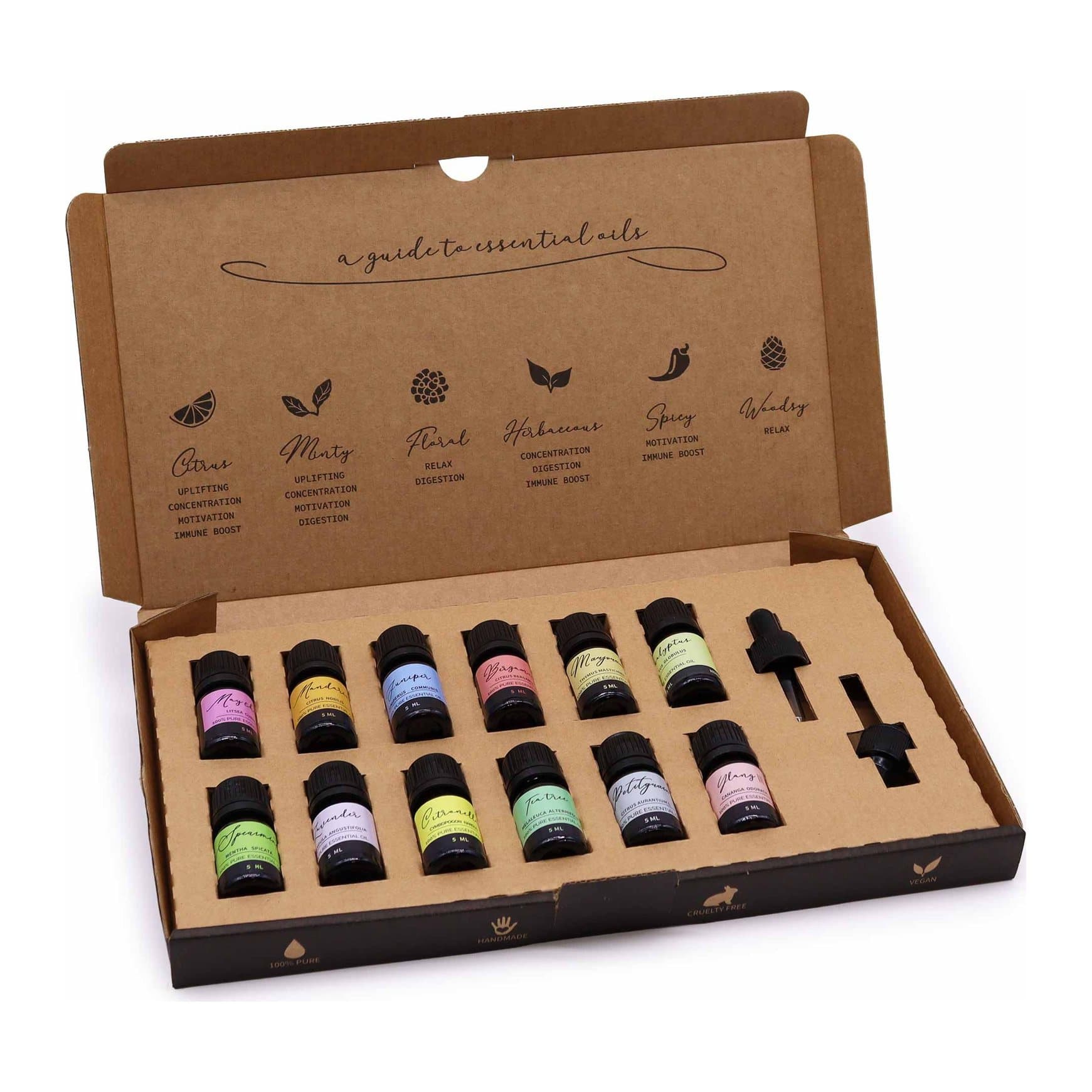 Box of twelve 5 ml essential oil bottles with two droppers