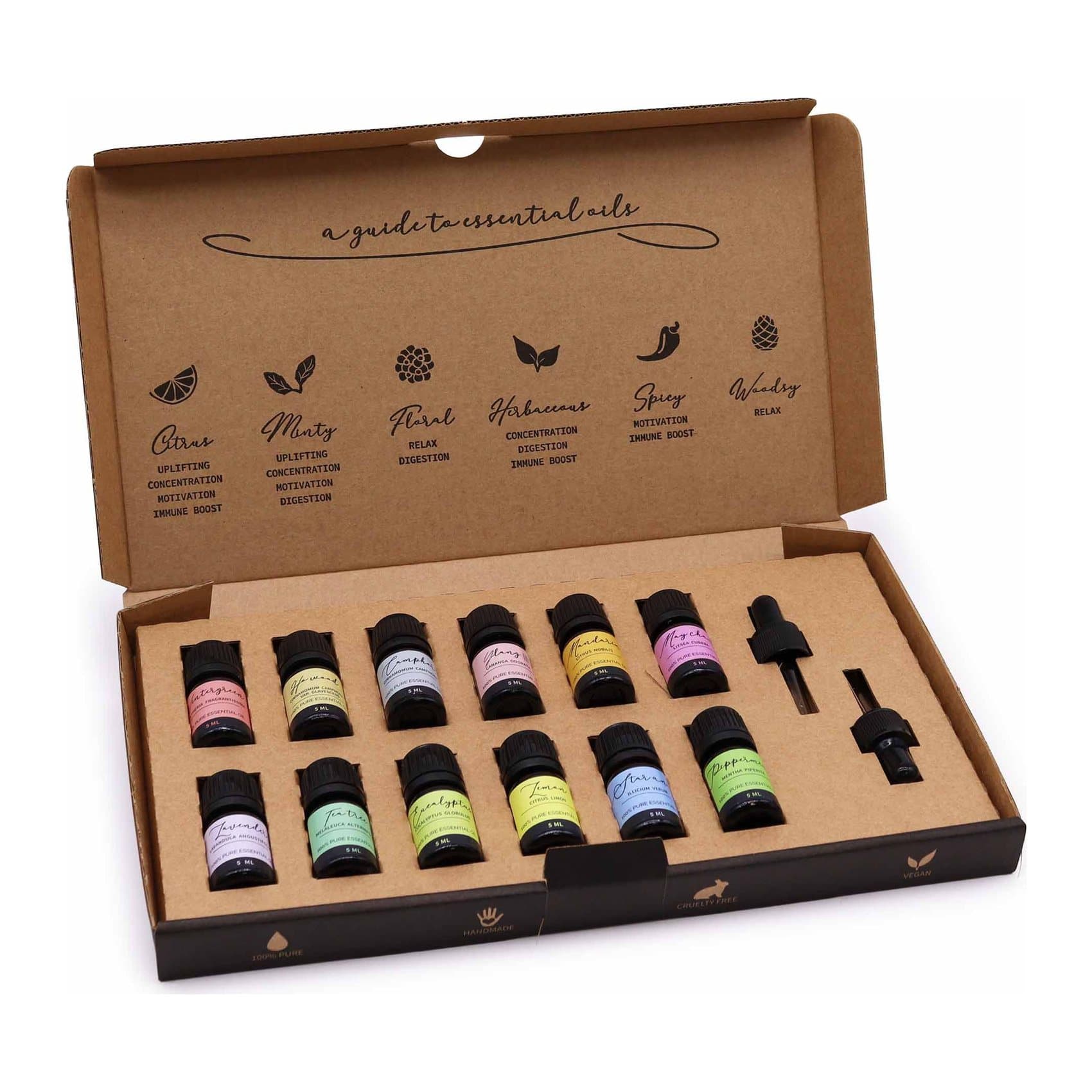 Aromatherapy essential oil starter set with 12 oils and 2 droppers