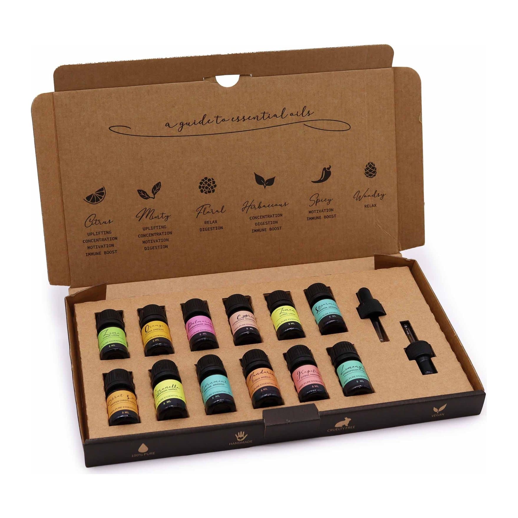 Set of twelve 5 ml essential oil bottles with two droppers