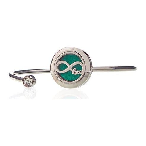 Stainless steel diffuser bracelet with an infinite love locket and cut-out holes