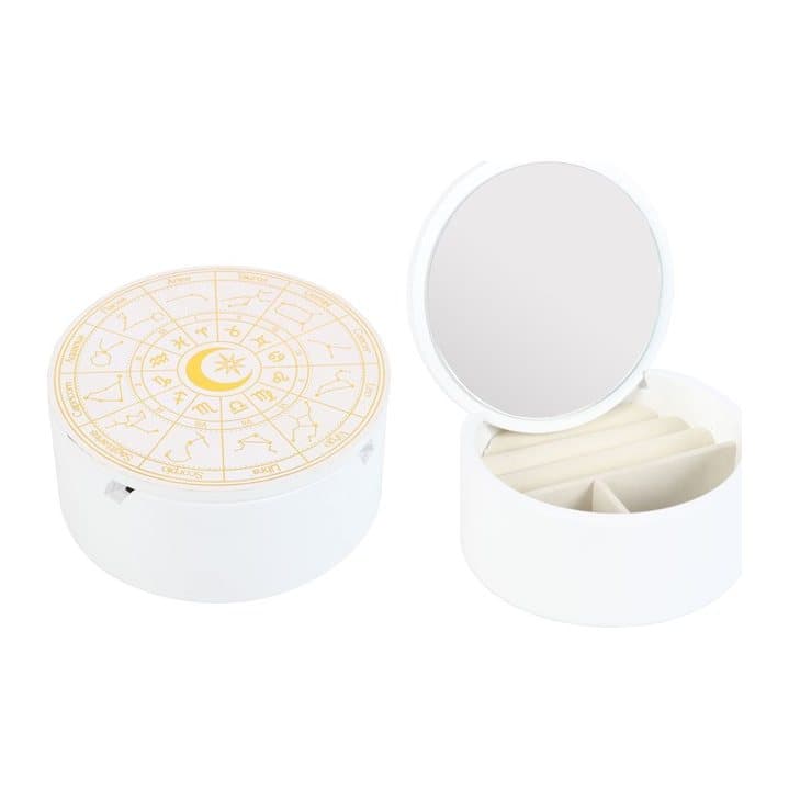 White jewellery box with an astrology wheel design