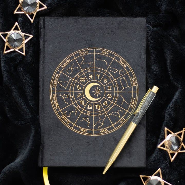 Black velvet astrology wheel journal with obsidian pen