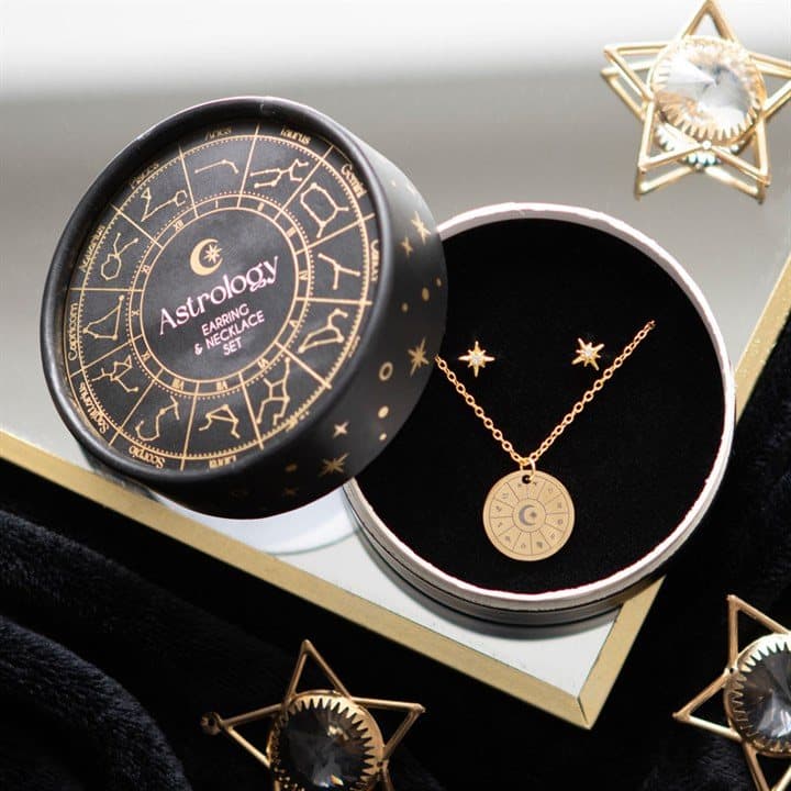 Starburst earrings and astrology wheel pendant necklace jewellery set