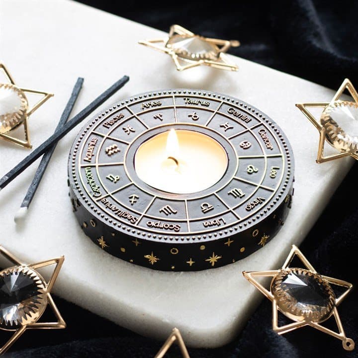 Gold-effect astrology wheel tealight candle holder