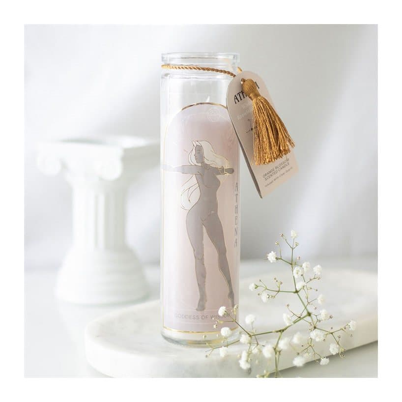 Athena goddess tube candle decorated with clear quartz crystals