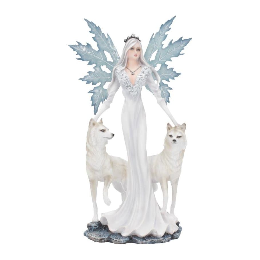 Winter fairy figurine with icy blue wings and two white wolves