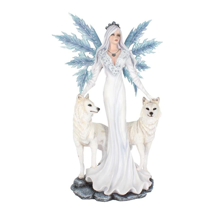 Resin ice fairy in a white dress with blue wings, hands on two white wolves