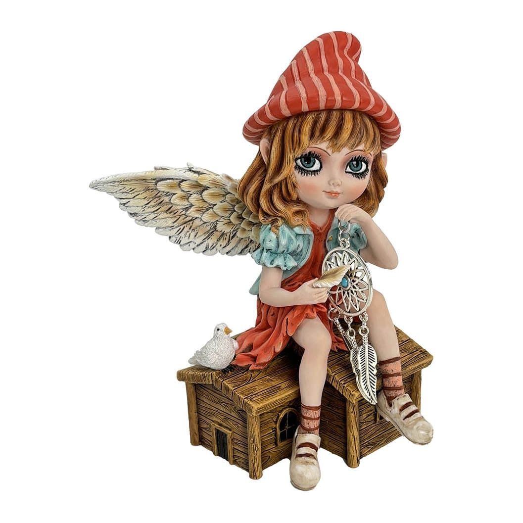 Autumn Fae fairy figurine on a cottage with a white bird and dream catcher