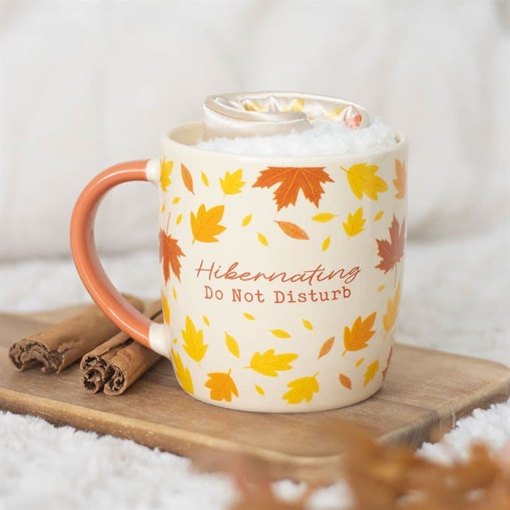 Autumn hibernation kit with ceramic mug, fluffy socks and satin eye mask in a window box