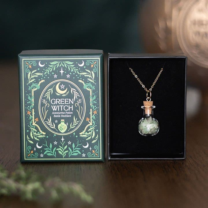 Potion bottle pendant filled with green aventurine chips