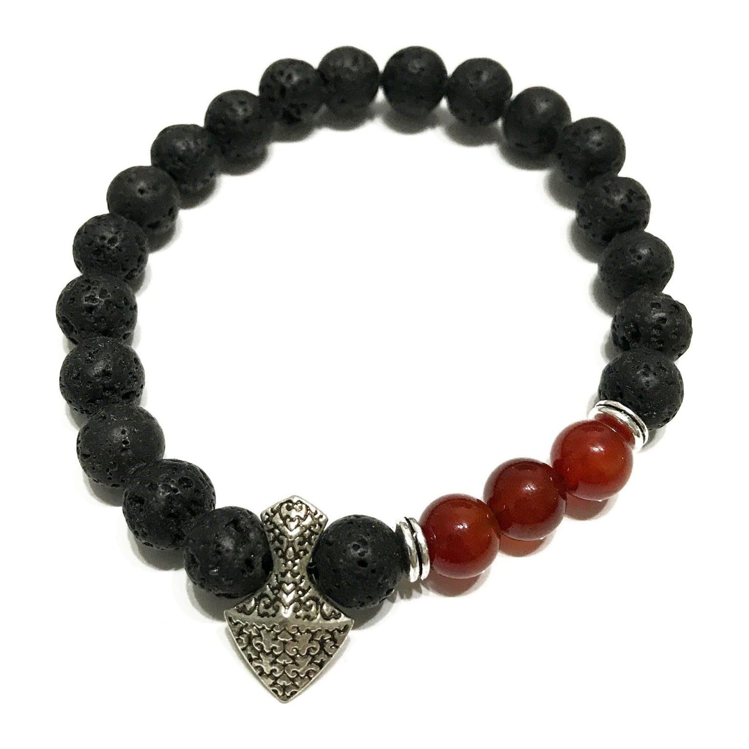 Lava stone bracelet with axe-head carnelian gemstone beads