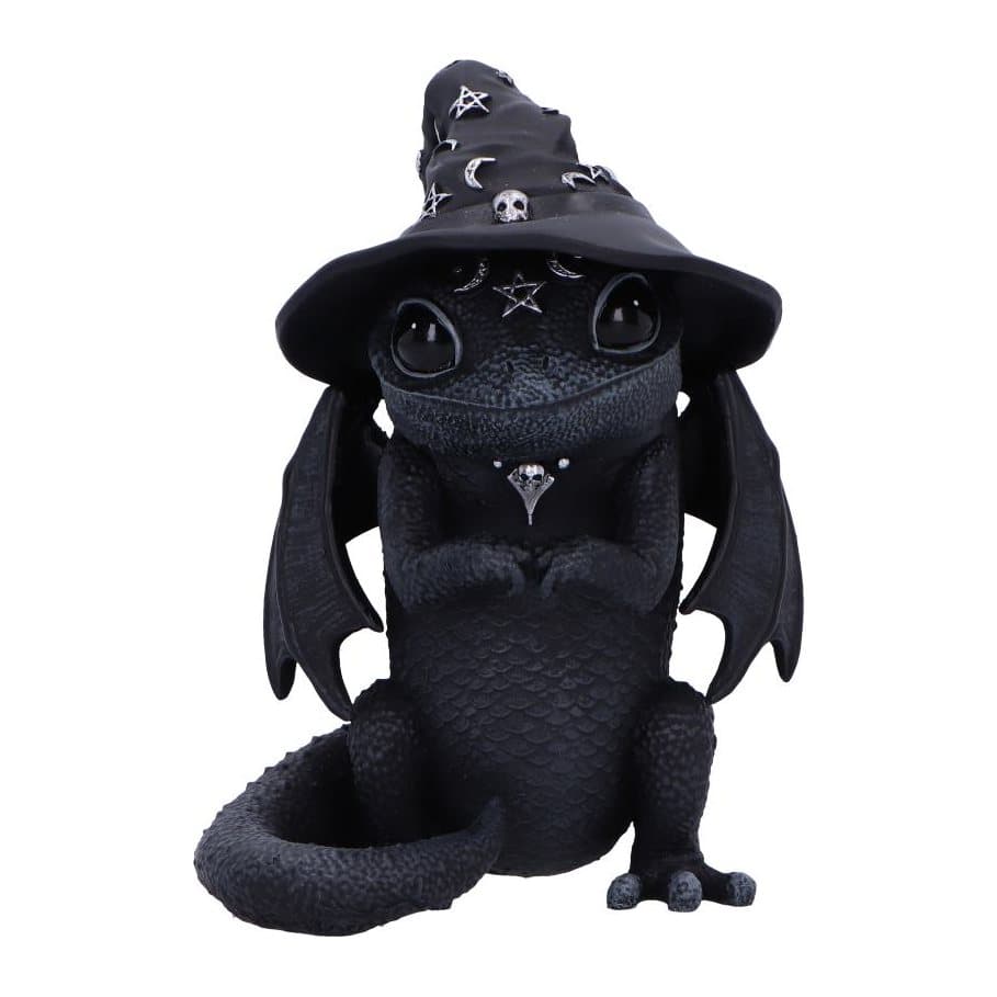 Azascale winged lizard figurine in a witch hat with silver skull collar
