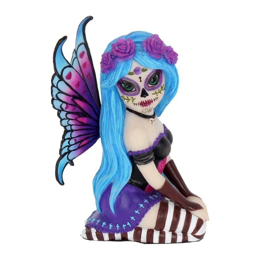 Kneeling sugar skull fairy figurine with blue hair and a black corseted dress
