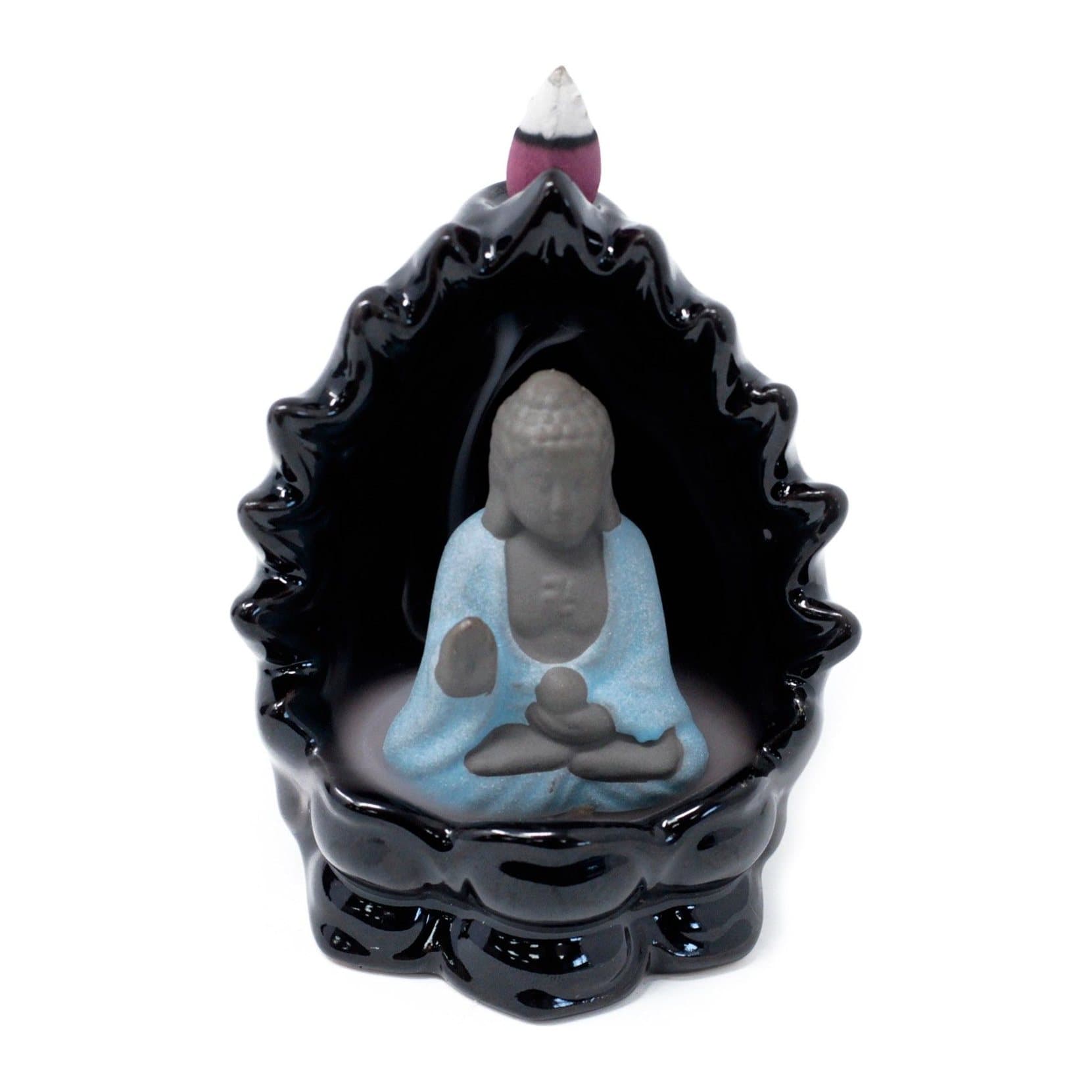 Ceramic backflow incense burner with a Buddha and lights design