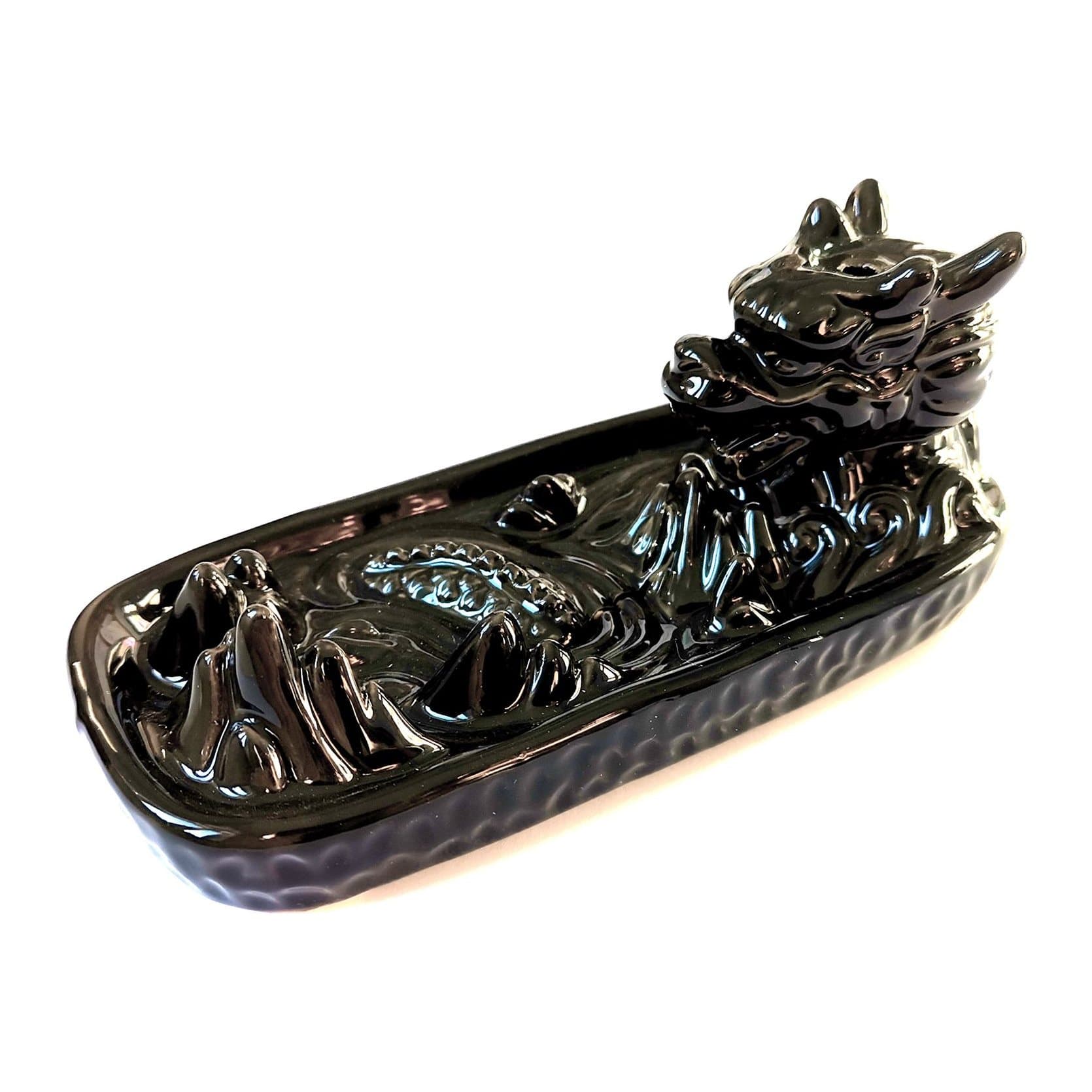 Ceramic backflow incense burner with a dragon in mountain design