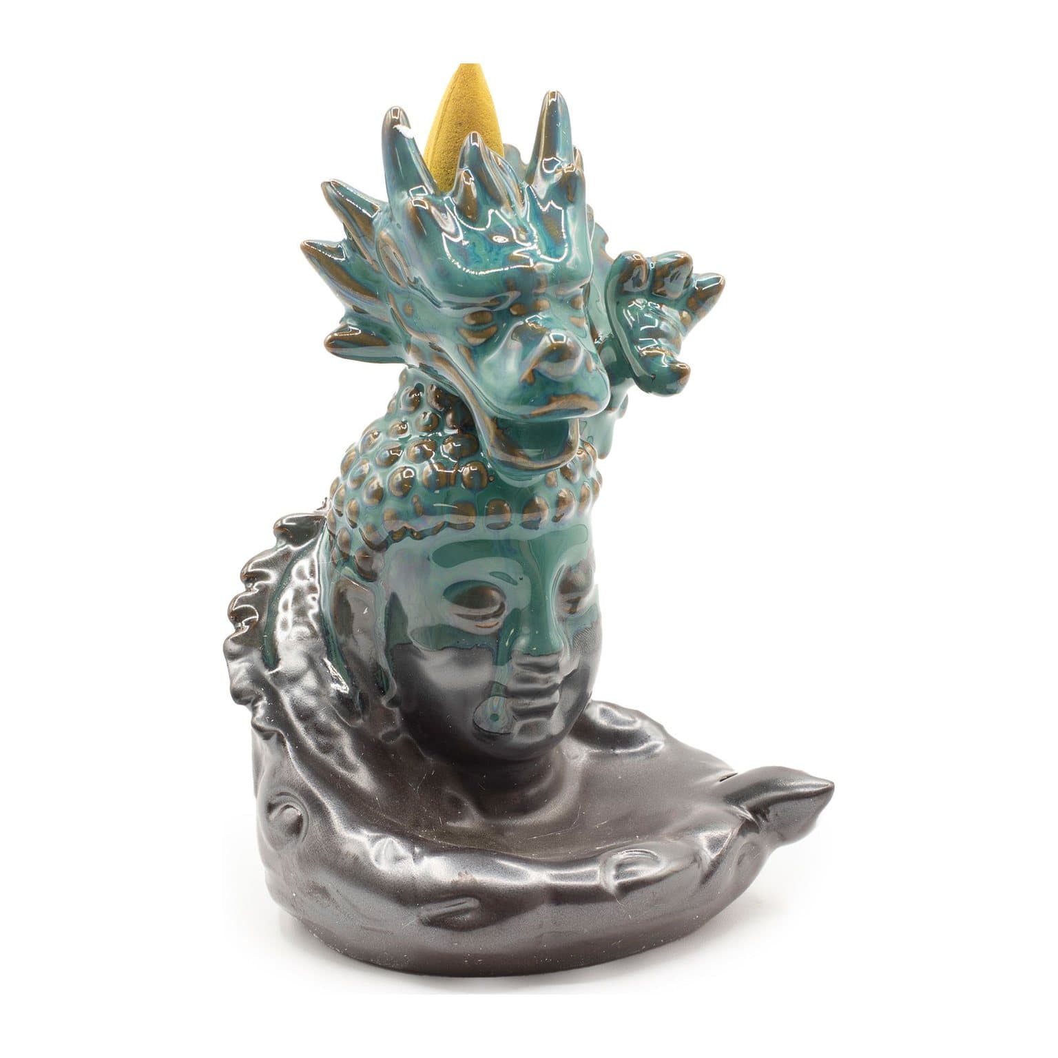 Ceramic backflow incense burner with a dragon over a Buddha head