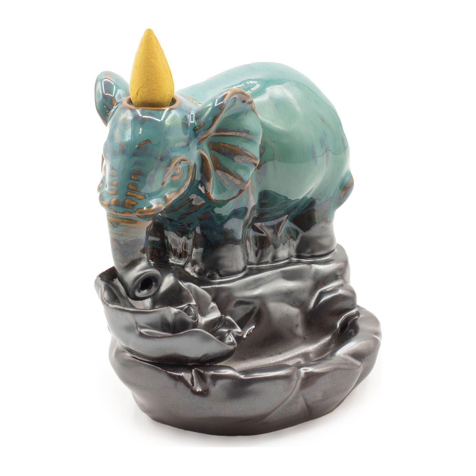 Blue-green glazed ceramic elephant backflow incense burner above a pool