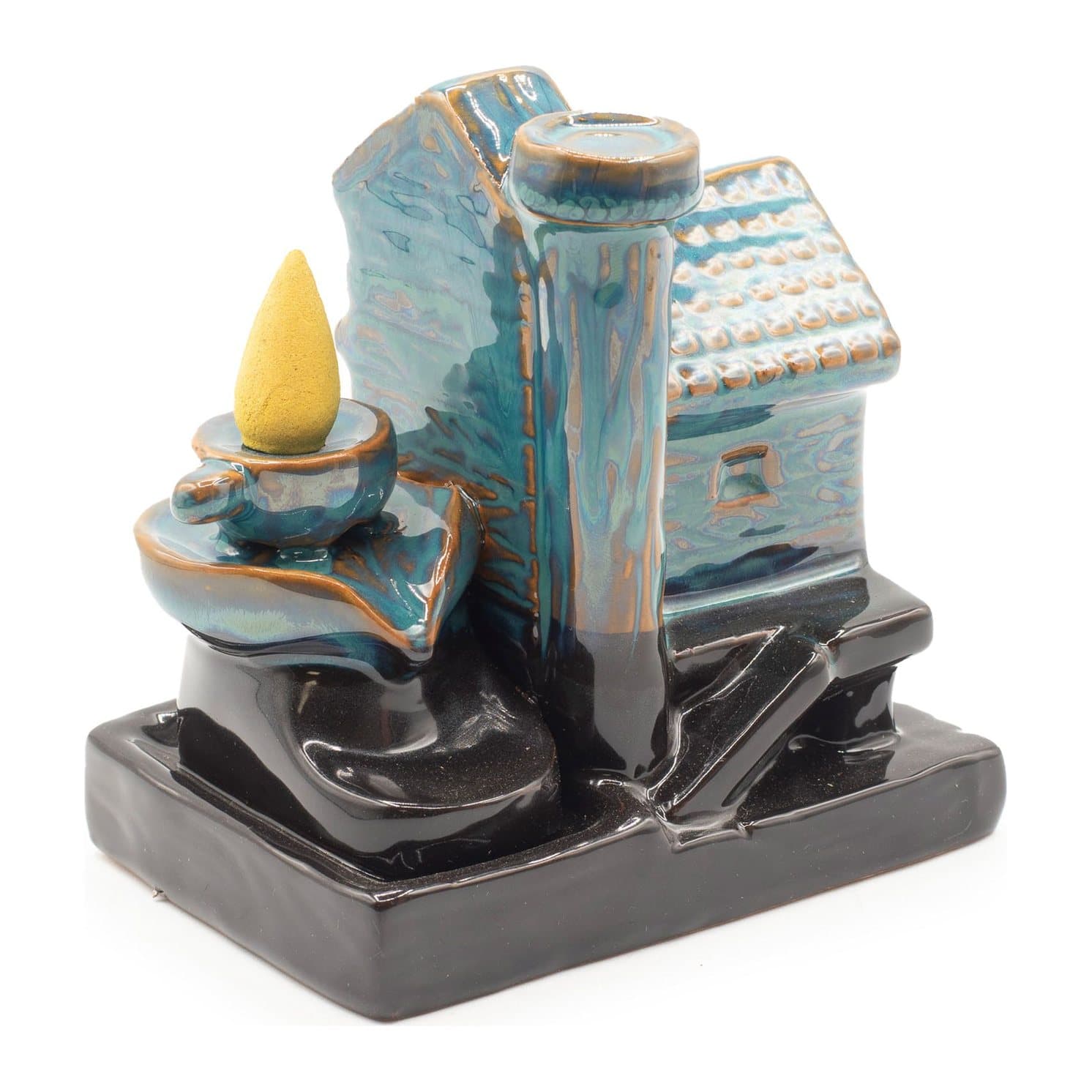 Blue-green glazed ceramic house backflow incense burner with chimney and textured roof
