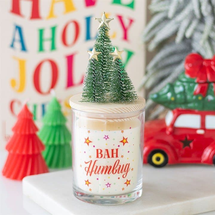 Bah Humbug orange and clove glass candle with wooden lid and Christmas trees