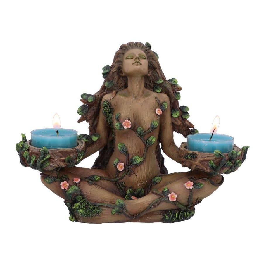 Resin tree spirit figure holding two tealights, leaves in her hair