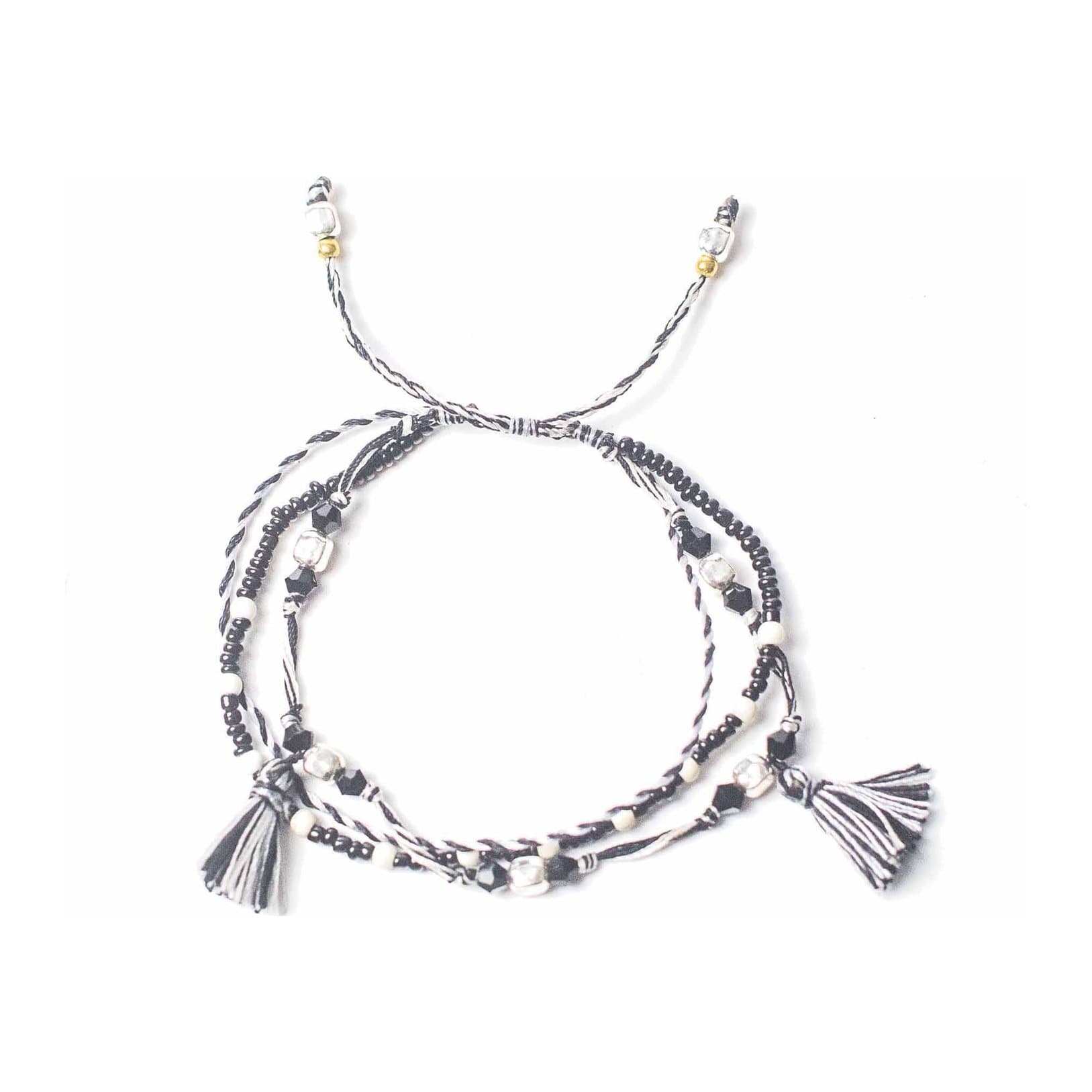 Black and white temple string bracelet with silver beads