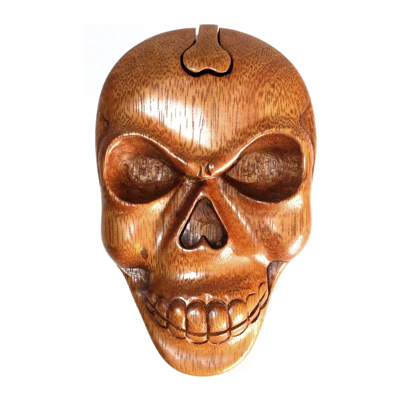 Hand made wooden puzzle box with a skull design