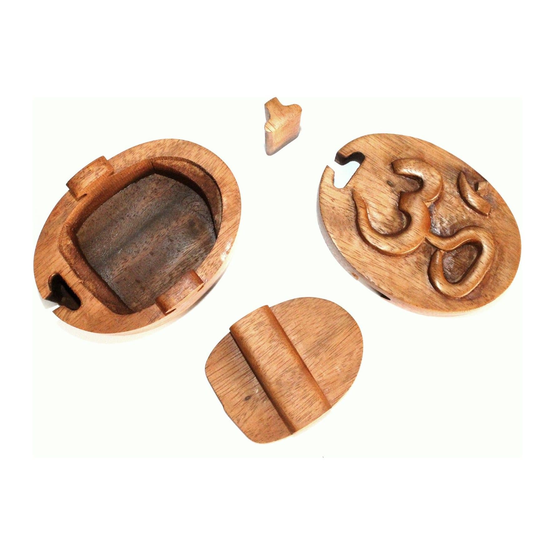 Small wooden Bali puzzle box with an Om design