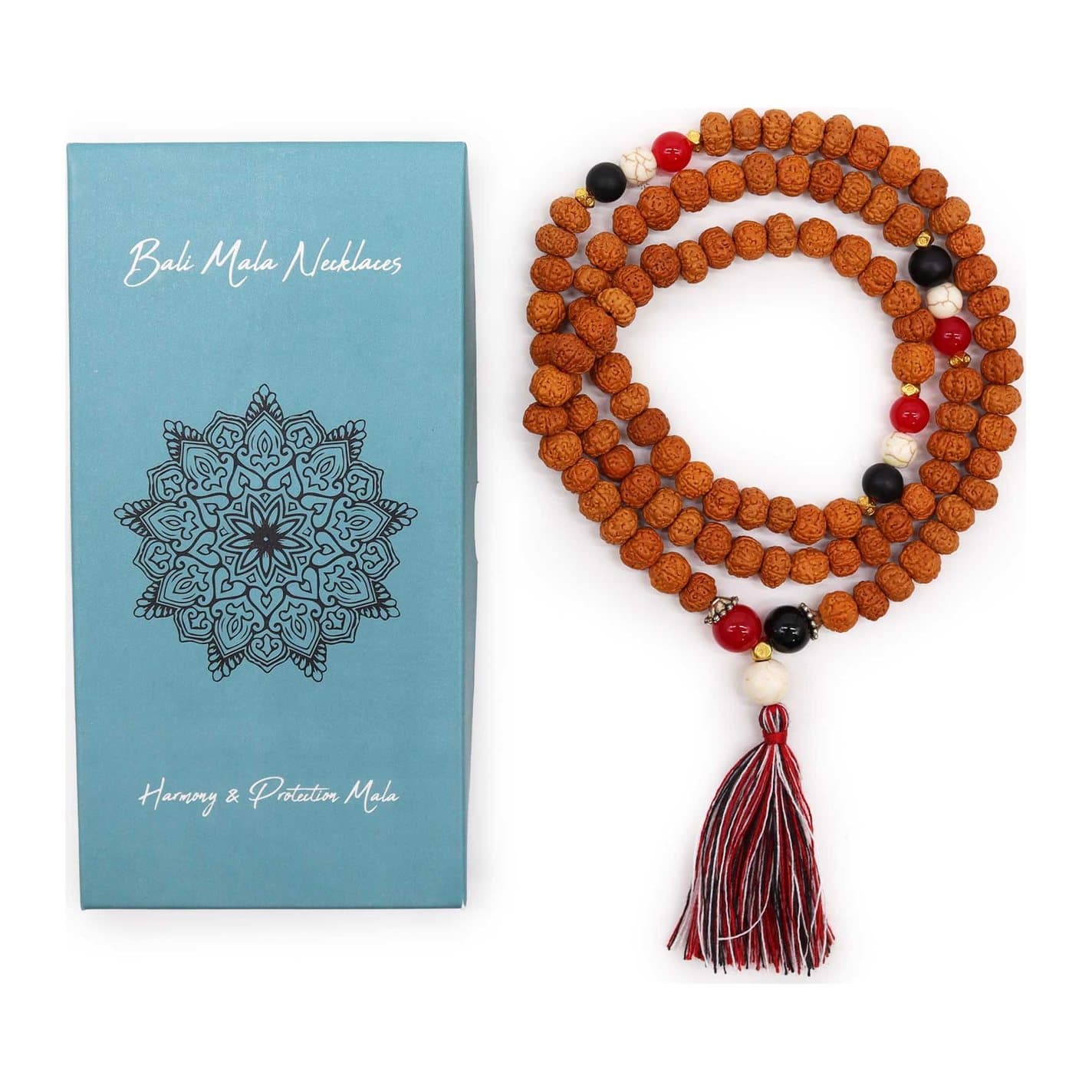 Rudraksha bead mala necklace with a red, white and black tassel