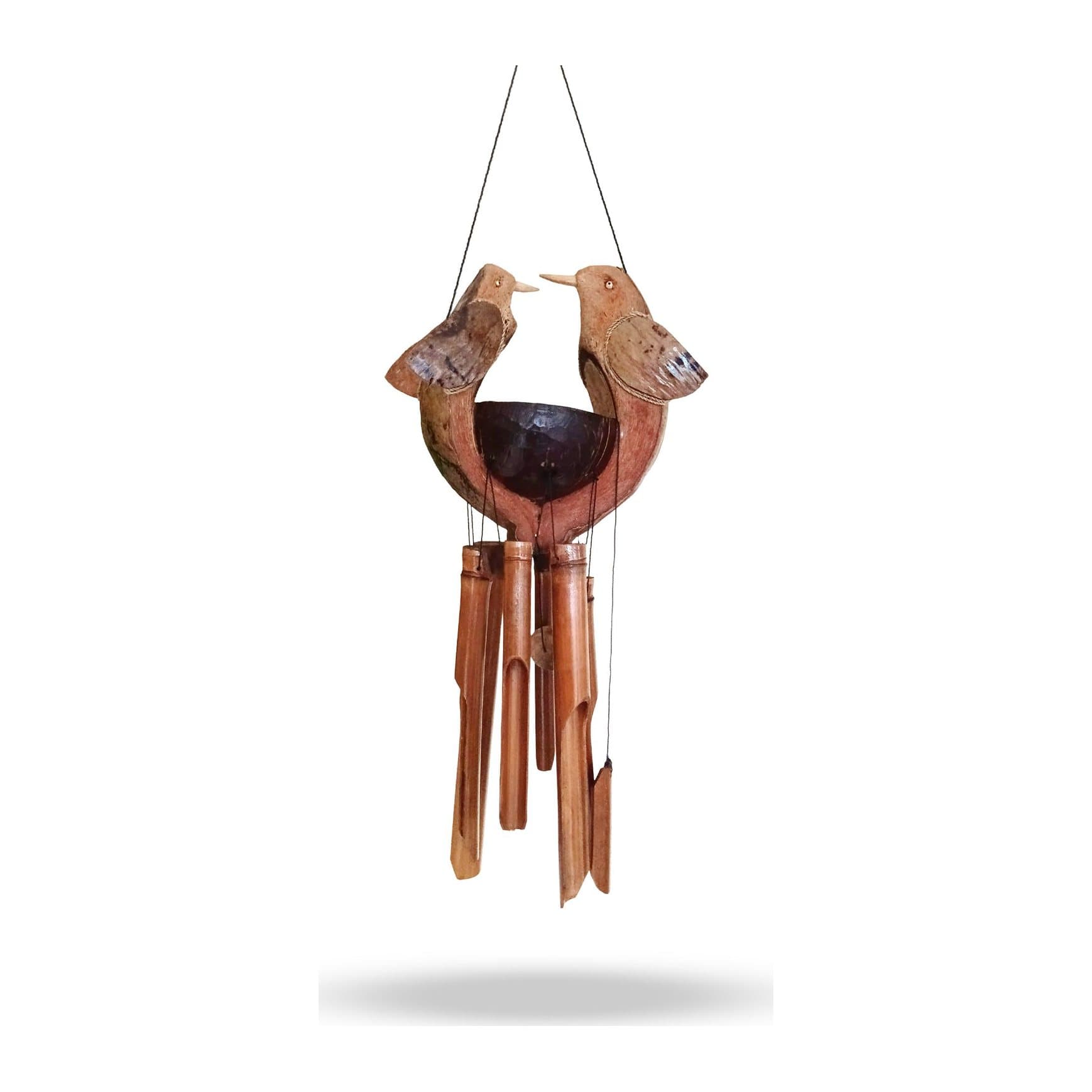 Natural bamboo windchime with a carved Husband & Wife bird design