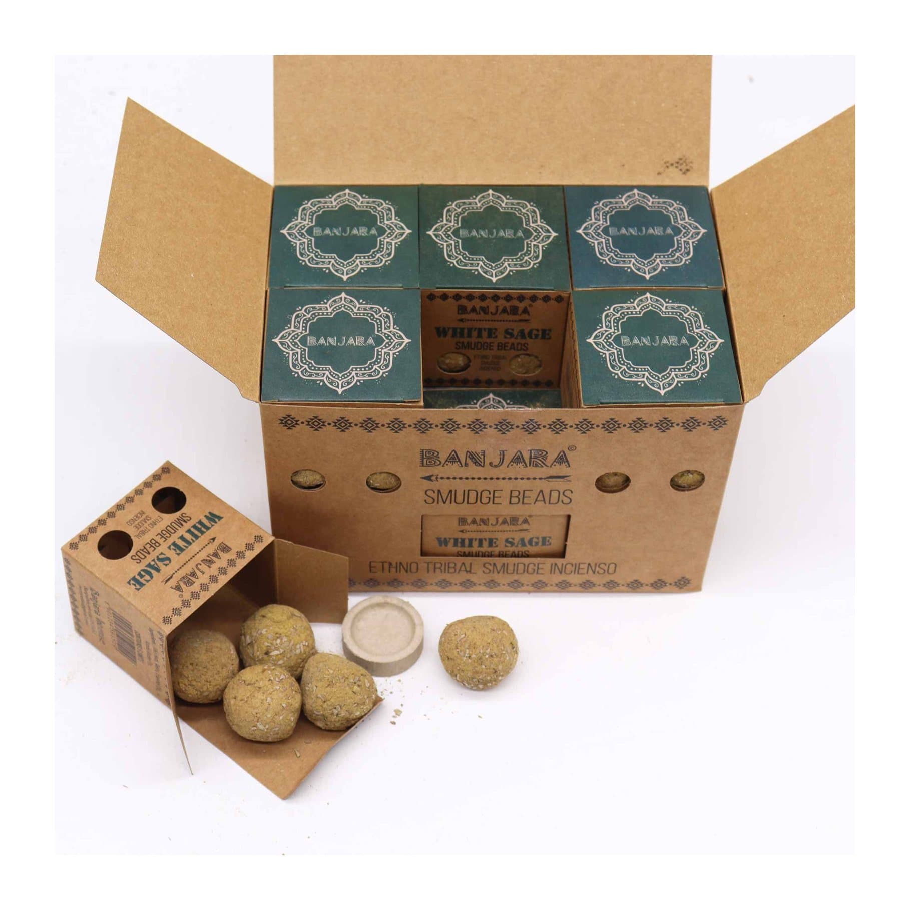 Box of white sage incense beads with a small holder