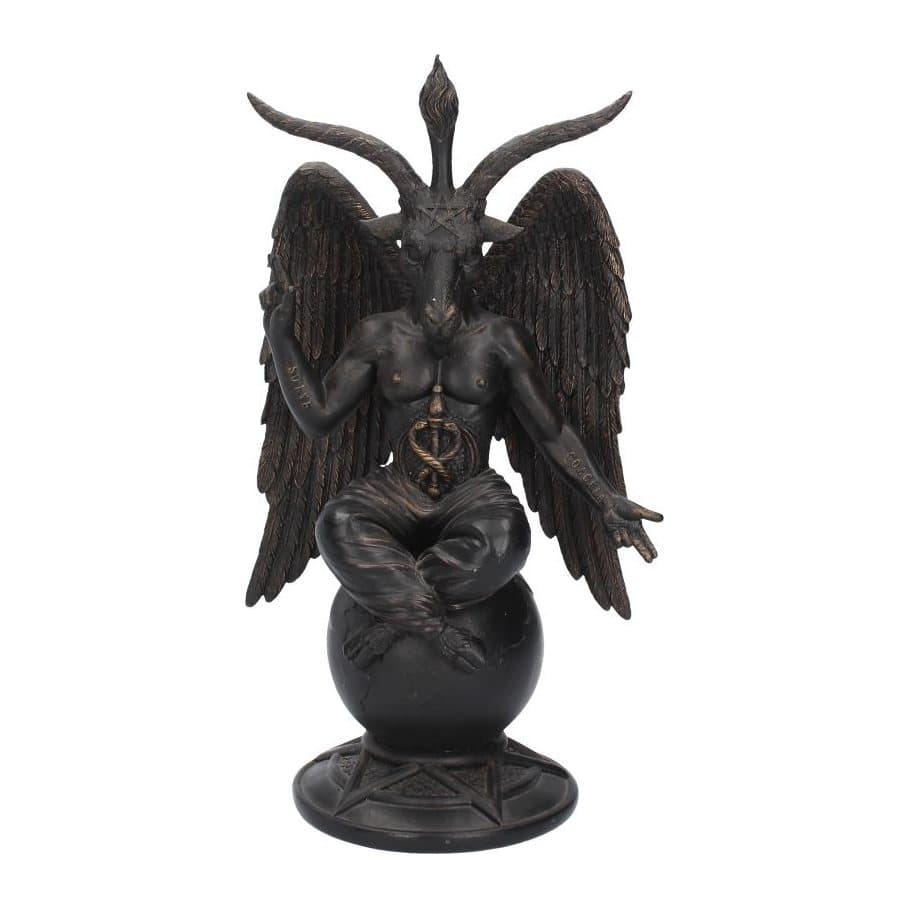 Resin Baphomet figurine with goat's head and wings, seated on a globe in a pentagram