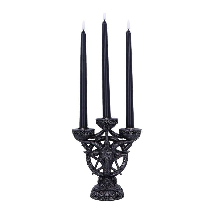 Black candelabra with three LED candles and a Baphomet head