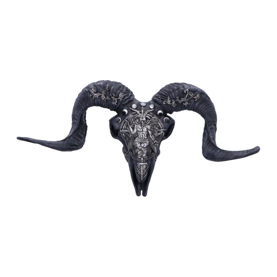 Matte black resin skull wall plaque with silver occult symbols and Baphomet
