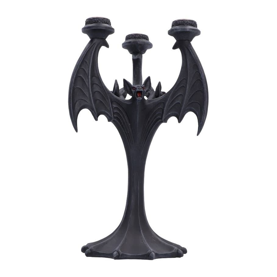 Gothic bat candle holder in smoky grey with red eyes and outstretched wings
