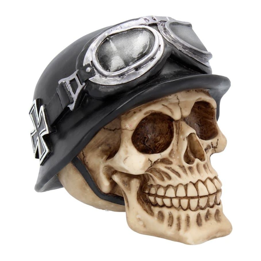 Skull in a black motorcycle helmet with Iron Cross and goggles
