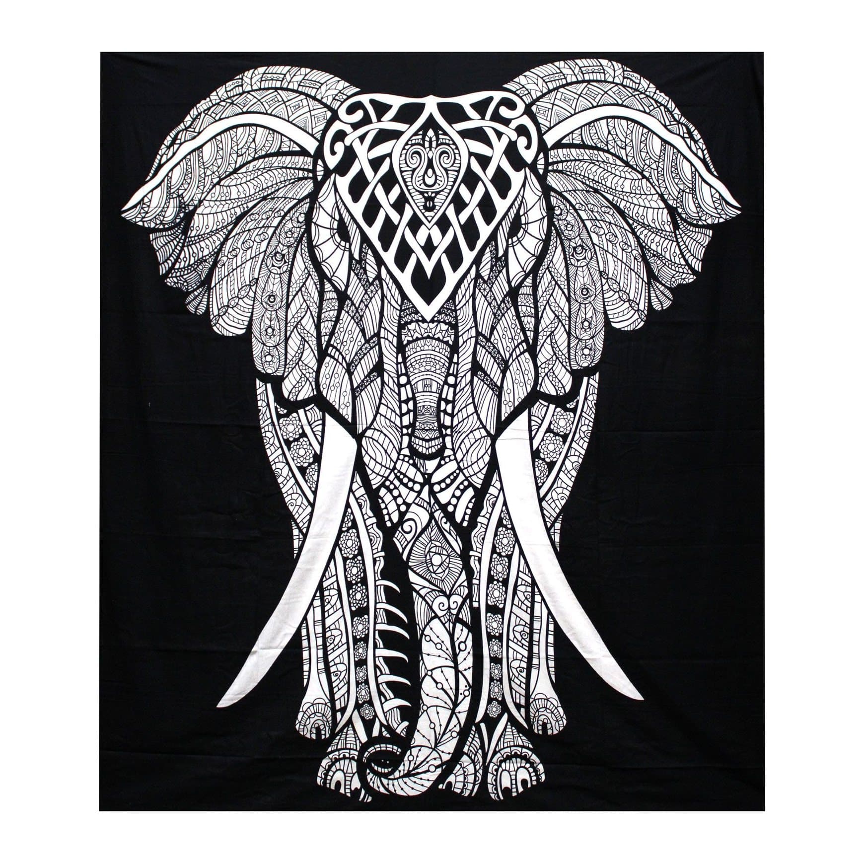 Black and white hand-printed cotton bedspread and wall hanging