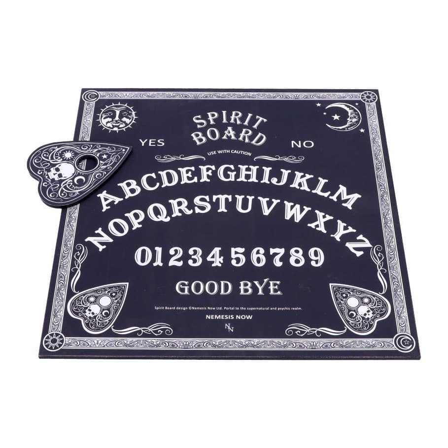 Black and white spirit board with a baroque border and planchette