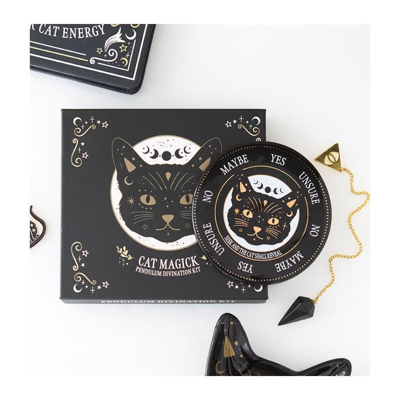 Black cat pendulum kit with ceramic board and obsidian pendulum