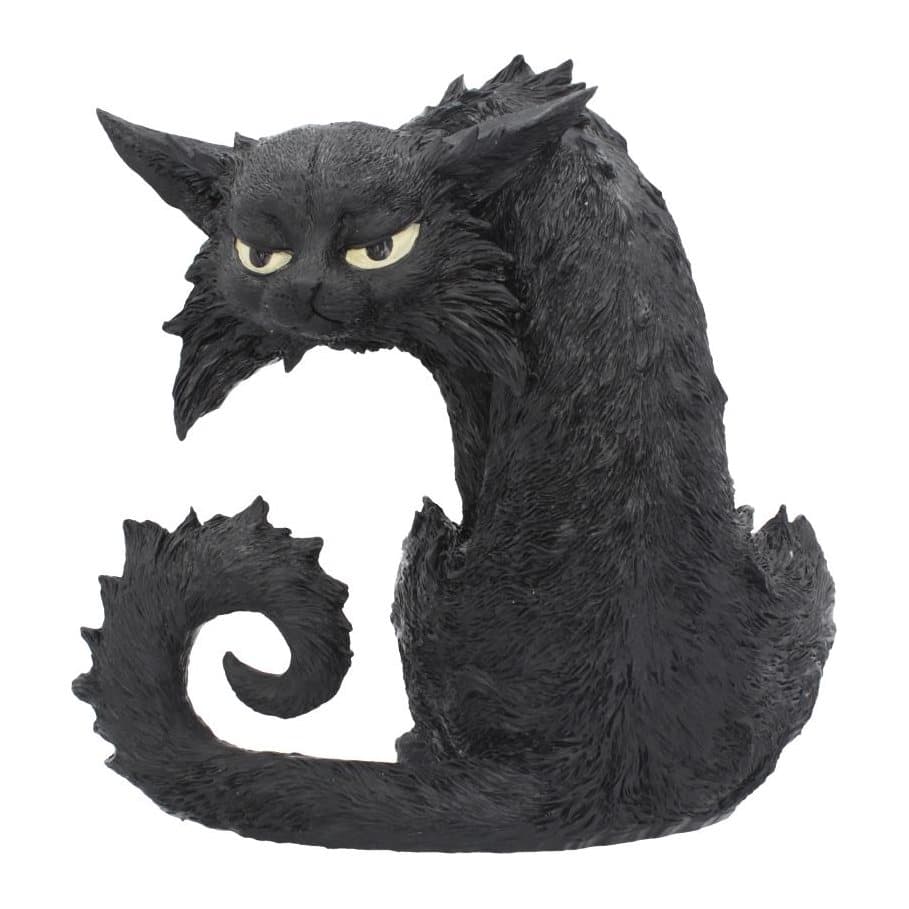 Scruffy black cat figurine sitting with an unimpressed expression