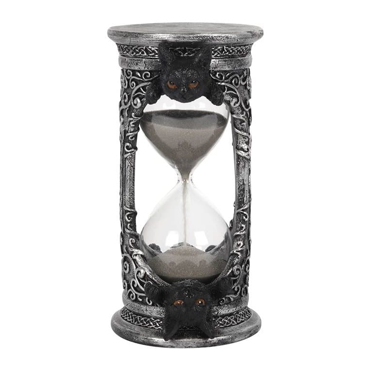 Gothic hourglass with black cats and a faux silver finish, grey sand inside