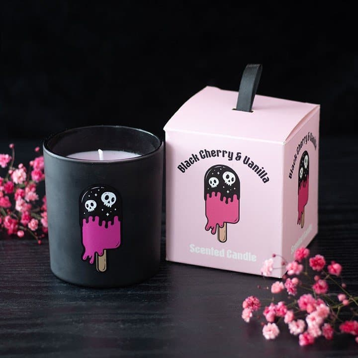 Black glass jar candle with a gothic illustration